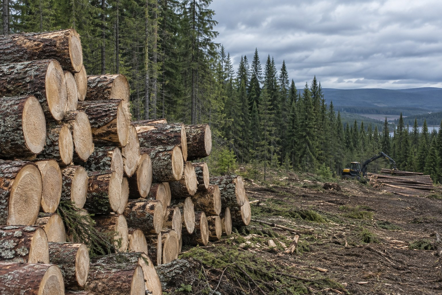 Illustrative timber harvest scene with stacked logs