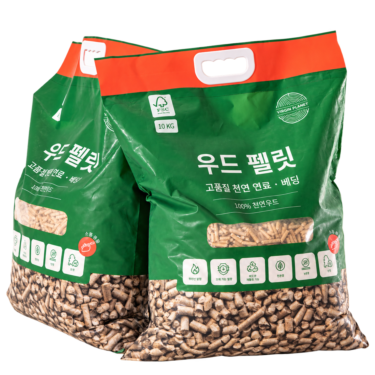 Cutout of past Virgin Planet green retail wood pellet bags
